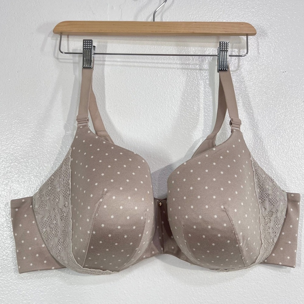 Cacique Lane Bryant Smooth Boost Plunge Underwire Bra 46DD Taupe Polka Dot Lace